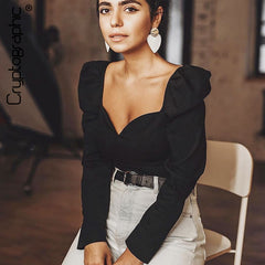 Cryptographic Vintage Square Collar Casual Puff Sleeve Women's Shirts And Blouses Autumn Solid Long Sleeve Tops 2019 Fashion