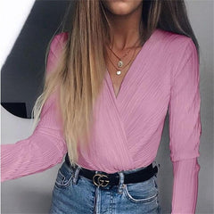 InstaHot Sexy Long Sleeve V Neck Bodysuit for Women 2019 Summer New Fashion Green Textured Shirts Button Tops Elegant Playsuits