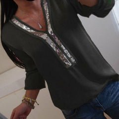 Fashion Women Ladies Long Sleeve Loose Blouse Summer V-Neck Casual Shirts Tops Clothing Sequined Solid Casual Soft Clothes