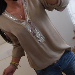 Fashion Women Ladies Long Sleeve Loose Blouse Summer V-Neck Casual Shirts Tops Clothing Sequined Solid Casual Soft Clothes
