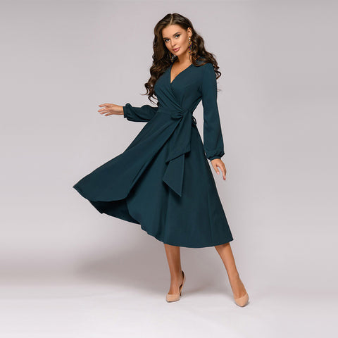 Women Fashion O-neck Solid Bow Elegant Straight Dress Spring Loose Mini Dresses 3/4 Sleeve Bow comfortable Plus Size