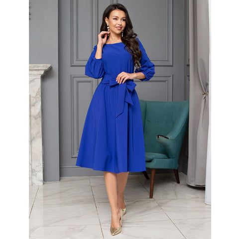 Women Fashion O-neck Solid Bow Elegant Straight Dress Spring Loose Mini Dresses 3/4 Sleeve Bow comfortable Plus Size