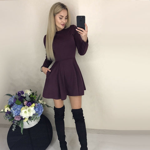 Women Fashion O-neck Solid Bow Elegant Straight Dress Spring Loose Mini Dresses 3/4 Sleeve Bow comfortable Plus Size