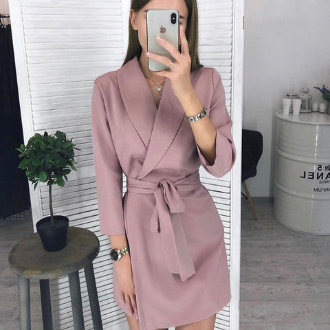 Women Fashion O-neck Solid Bow Elegant Straight Dress Spring Loose Mini Dresses 3/4 Sleeve Bow comfortable Plus Size