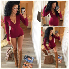 Womens Sexy V Neck Bodysuit Long Sleeve Knitted Slim One-piece Outfit 2019 Autumn Casual Wear Cotton Bodycon  Jumpsuit S-XL