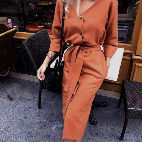 Women Fashion O-neck Solid Bow Elegant Straight Dress Spring Loose Mini Dresses 3/4 Sleeve Bow comfortable Plus Size