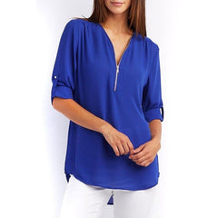 Summer Women Cool Loose Shirt Deep V Neck Chiffon Blouse Casual Ladies Tops Sexy Zipper Pullover Plus Size Long Sleeve Fashion