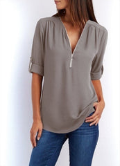 Summer Women Cool Loose Shirt Deep V Neck Chiffon Blouse Casual Ladies Tops Sexy Zipper Pullover Plus Size Long Sleeve Fashion