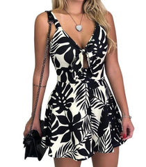 Women's Summer Print Jumpsuit Shorts Casual Loose Short Sleeve V-neck Beach Rompers Sleeveless Bodycon Sexy Party Playsuit