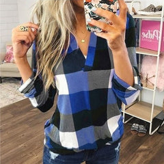 Spring and Autumn Fashion Casual Shirt Plaid Print V-neck Long Sleeve Top