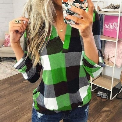 Spring and Autumn Fashion Casual Shirt Plaid Print V-neck Long Sleeve Top