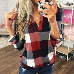 Spring and Autumn Fashion Casual Shirt Plaid Print V-neck Long Sleeve Top
