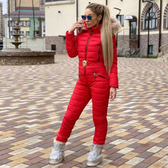New Winter Hooded Jumpsuits Parka Elegant Cotton Padded Warm Sashes Ski Suit Straight Zipper One Piece Women Casual Tracksuits