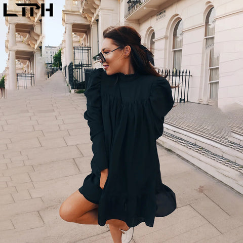 Women Fashion O-neck Solid Bow Elegant Straight Dress Spring Loose Mini Dresses 3/4 Sleeve Bow comfortable Plus Size