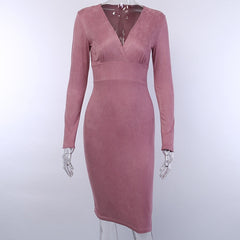 Cryptographic Velvet Sexy V-Neck Winter Dresses Women Midi Dresses Fashion Christmas Wrap Long Sleeve Bodycon Dress Solid