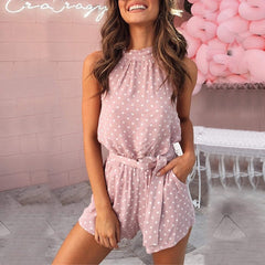 Women Polka Dot Belted Playsuits Elegant Halter Backless Jumpsuit  Summer Sleeveless Pocket Rompers