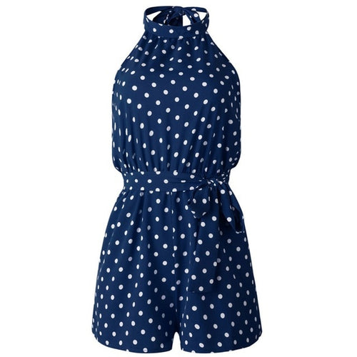 Women Polka Dot Belted Playsuits Elegant Halter Backless Jumpsuit  Summer Sleeveless Pocket Rompers
