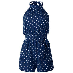 Women Polka Dot Belted Playsuits Elegant Halter Backless Jumpsuit  Summer Sleeveless Pocket Rompers