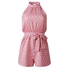 Women Polka Dot Belted Playsuits Elegant Halter Backless Jumpsuit  Summer Sleeveless Pocket Rompers
