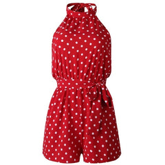 Women Polka Dot Belted Playsuits Elegant Halter Backless Jumpsuit  Summer Sleeveless Pocket Rompers