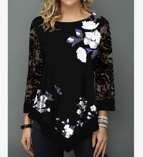 Shirt Women Spring Summer Printing Blouse 3/4 Sleeve Casual Hem Irregularity Female fashion shirt Tops Plus Size