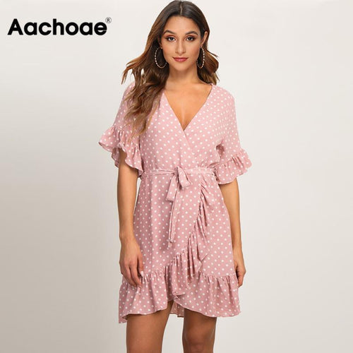 Summer Dress 2020 Boho Style Beach Dress Fashion Short Sleeve V-neck Polka Dot A-line Party Dress Sundress Vestidos