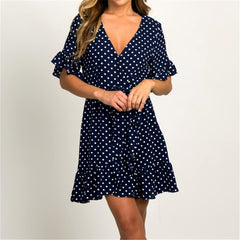 Summer Dress 2020 Boho Style Beach Dress Fashion Short Sleeve V-neck Polka Dot A-line Party Dress Sundress Vestidos