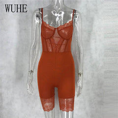 WUHE Lace Patchwork Sexy Spaghetti Strap Jumpsuits Women Off Shoulder Sleeveless Elegant Bodycon Bandage Party Short Playsuits