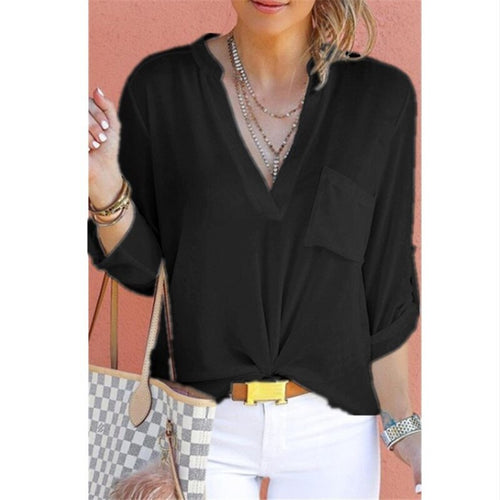 2019 Spring Autumn Women V-neck Chiffon Shirt Solid Casual Long Sleeve Shirts Office Lady Blouses Fashion Street Tops S-5XL