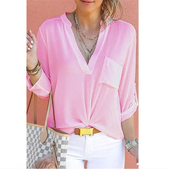 2019 Spring Autumn Women V-neck Chiffon Shirt Solid Casual Long Sleeve Shirts Office Lady Blouses Fashion Street Tops S-5XL