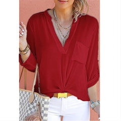2019 Spring Autumn Women V-neck Chiffon Shirt Solid Casual Long Sleeve Shirts Office Lady Blouses Fashion Street Tops S-5XL