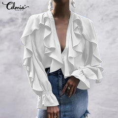 Plus Size Celmia Ruffled Blouse Women Summer Stylish Tops Sexy V neck Long Sleeve Shirt Female Casual Buttons Sweet Blusas S-5XL