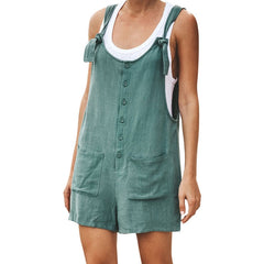 Women's Casual Button Pocket Jumsuit Female Ladies Summer Linen Vintage Shift Spaghetti-Strap Rompers Playsuits 2019