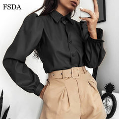 FSDA Long Puff Sleeve Turn Down Collar Women Shirt Button Faux Leather Elegant Fashion Autumn Winter Casual Brown Blouse Tops