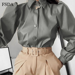 FSDA Long Puff Sleeve Turn Down Collar Women Shirt Button Faux Leather Elegant Fashion Autumn Winter Casual Brown Blouse Tops