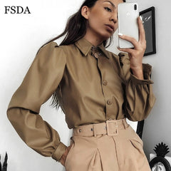 FSDA Long Puff Sleeve Turn Down Collar Women Shirt Button Faux Leather Elegant Fashion Autumn Winter Casual Brown Blouse Tops