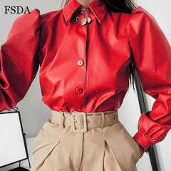 FSDA Long Puff Sleeve Turn Down Collar Women Shirt Button Faux Leather Elegant Fashion Autumn Winter Casual Brown Blouse Tops