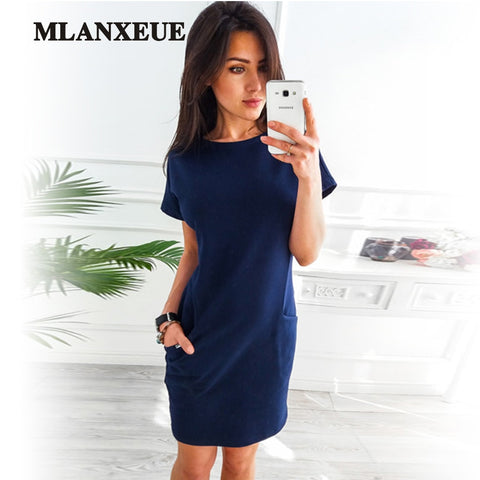 Women Fashion O-neck Solid Bow Elegant Straight Dress Spring Loose Mini Dresses 3/4 Sleeve Bow comfortable Plus Size