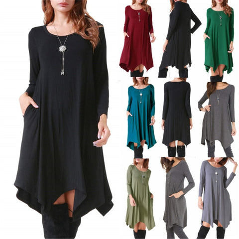 Women Fashion O-neck Solid Bow Elegant Straight Dress Spring Loose Mini Dresses 3/4 Sleeve Bow comfortable Plus Size