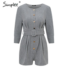 Simplee Buttons blazer female playsuit women Sash solid office ladies jumpsuit romper Female short retro autumn work overalls